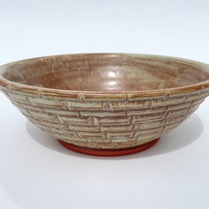 Pottery Decorative Bowl, Handmade Beige Brown Hand Carved Ceramic Bowl, One of a Kind Basket Inspired Design image 1