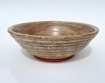 Pottery Decorative Bowl, Handmade Beige Brown Hand Carved Ceramic Bowl, One of a Kind Basket Inspired Design