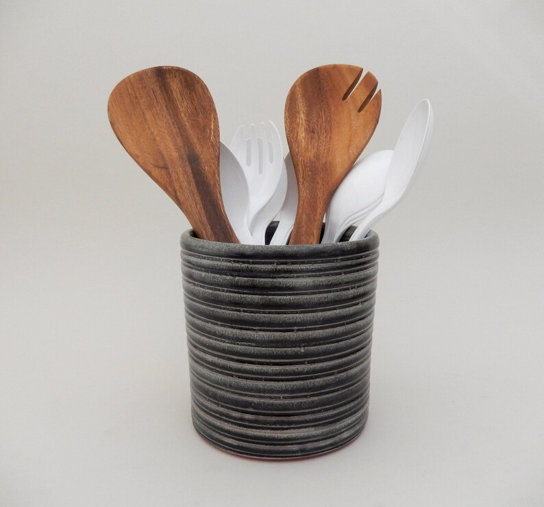 Ceramic Utensil Crock Black Handmade Utensil Holder Charcoal Etsy