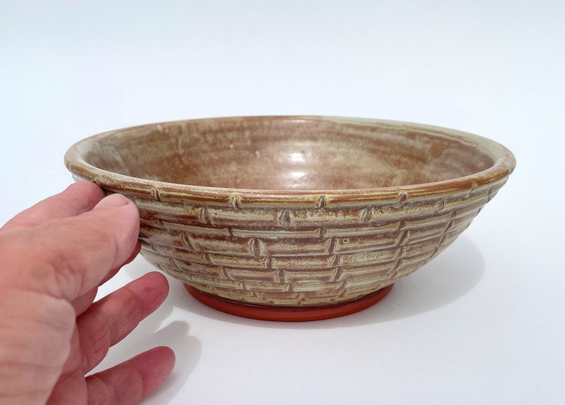 Pottery Decorative Bowl, Handmade Beige Brown Hand Carved Ceramic Bowl, One of a Kind Basket Inspired Design image 2