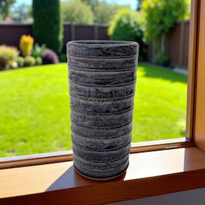 Hand Carved Ceramic Vase, Charcoal Gray and Terracotta Glaze, Nature Inspired