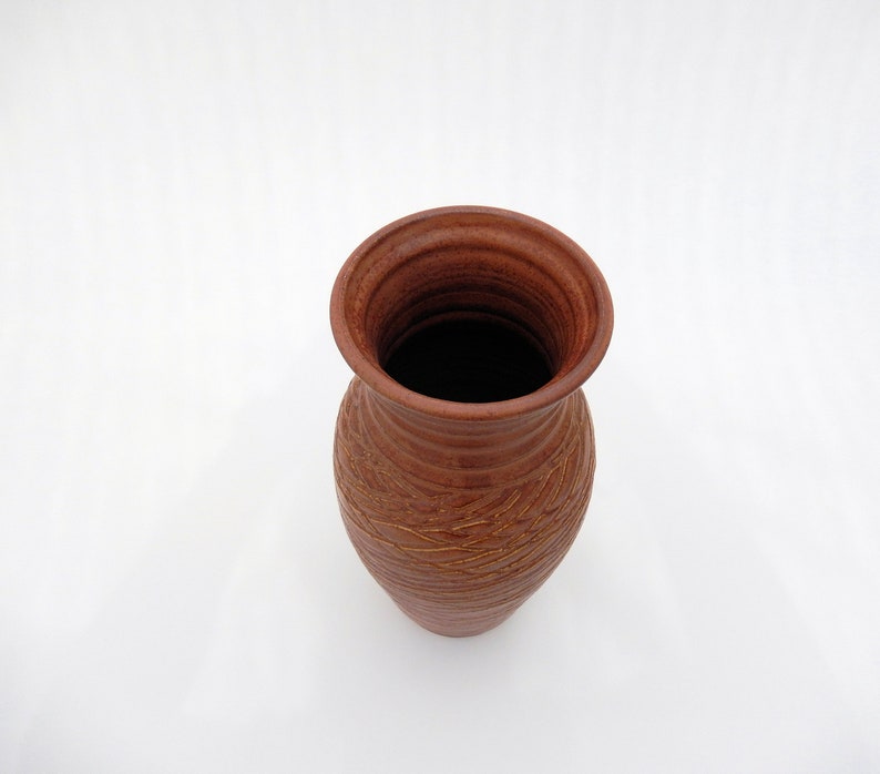 Tall Flower Vase, Elegant Brown Handmade Carved Matte Stoneware Pottery Vase image 3