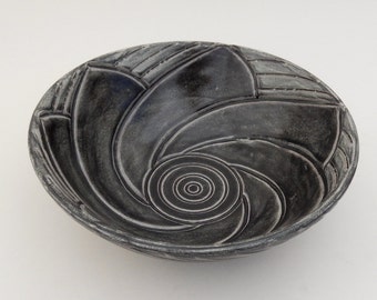 Black Centerpiece Bowl, Decorative Ceramic Hand Carved< Floral Motif Pottery Bowl
