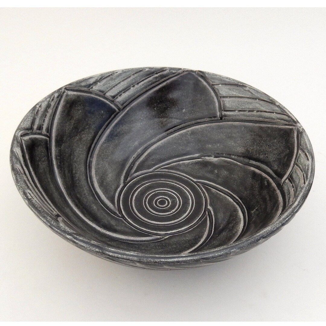 Black Centerpiece Bowl, Decorative Ceramic Hand Carved Floral Motif