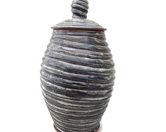 Charcoal Gray Jar with Lid, Unique Decorative Ceramic Jar Handmade, Carved Charcoal Gray Pottery Jar, Tall Ceramic Spiral Designed Jar