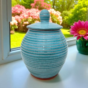 Turquoise Jar with Lid, Round Spherical Ceramic Wide Mouthed Carved Lidded Jar, 9 Year Anniversary Gift