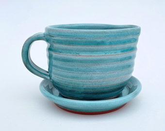 Large Gravy Boat with Saucer, Turquoise Ceramic Handmade Serving Piece