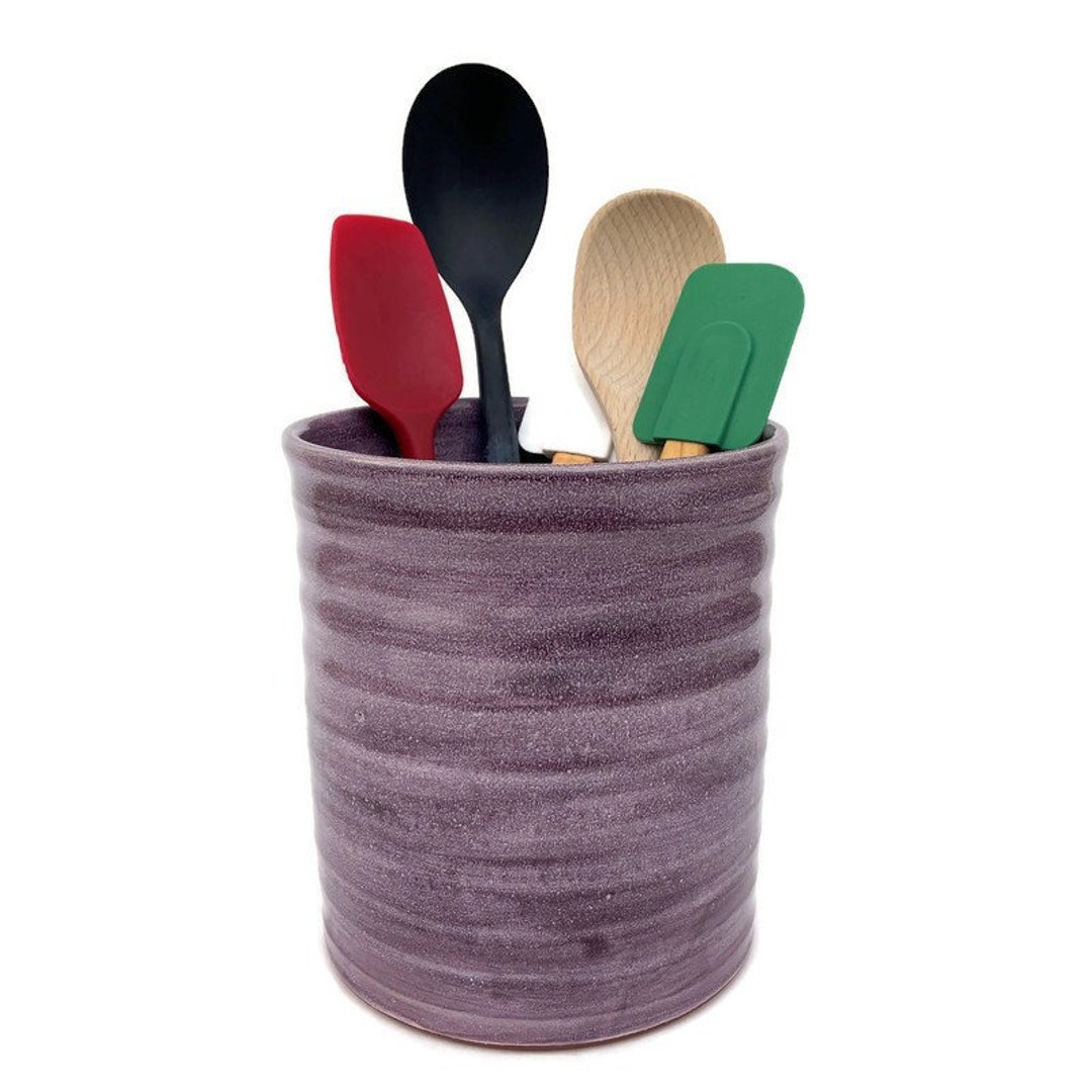 Large Kitchen Crock, Purple Pottery Utensil Holder, Tall, Wide Handmade ...