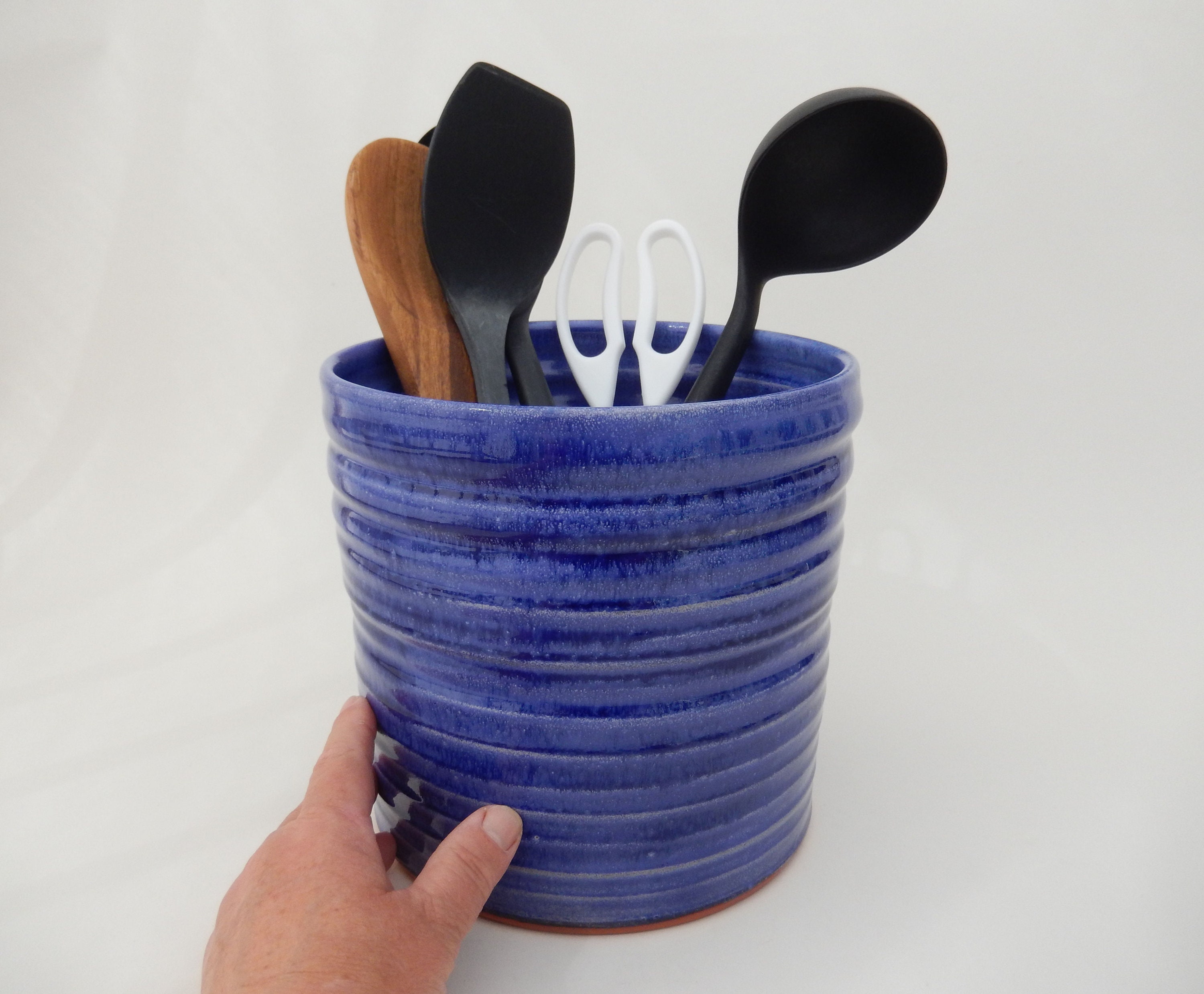 Large Utensil Crock Wide Handmade Blue Ceramic Utensil Etsy
