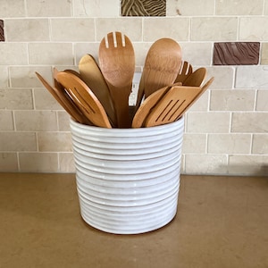 Large Kitchen Utensil Holder, Handmade Ceramic, Wide Large White Handmade Pottery Utensil Crock