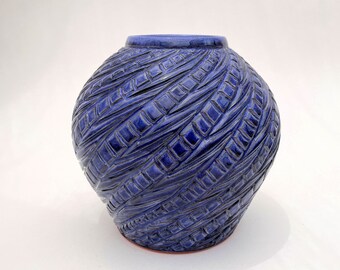 Large Ceramic Vase, Spherical Round Blue Carved Ceramic Vase, Handmade  Blue Glazed Terracotta Vessel