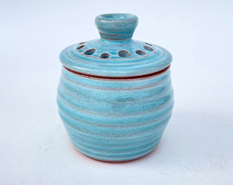 Besamim Pottery Jar, Turquoise Carved Lidded Havdalah Jar, Seafoam Green Potpourri Pot, Jewish Wedding Gift