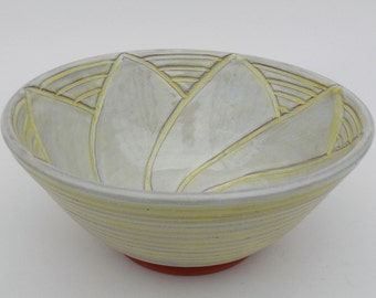 Ceramic Decorative Bowl Handmade, Yellow on Pale Yellow Carved Abstract Flower Design Bowl, Handmade Terracotta Ceramic Bowl
