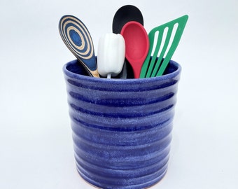 Large Utensil Holder, Tall, Wide, Blue Handmade Ceramic Utensil Crock, Kitchen Caddy