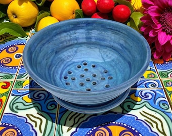 Handmade Ceramic Berry Bowl with Saucer, Aqua Turquoise Glaze
