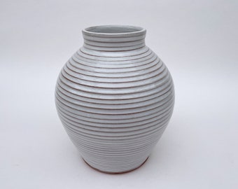 Ceramic White Round Vase, Elegant, Decorative, Striped Pottery, Hand Carved Flower Vase