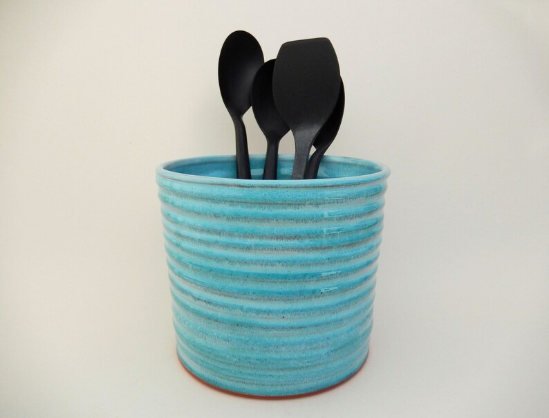 Large Turquoise Kitchen Crock Ceramic Utensil Holder Etsy
