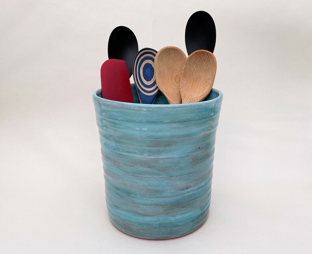 Large Utensil Holder Turquoise Ceramic Kitchen Utensil Crock Etsy