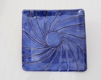 Blue Square Plate, Ceramic Handmade Pottery, Passover Matzah Blue Earthenware Hand Carved Plate