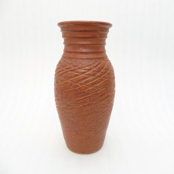 Tall Flower Vase, Elegant Brown Handmade Carved Matte Stoneware Pottery Vase