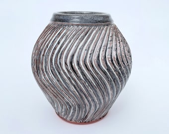 Ceramic Wavy Swirl Gray and White Vase, One-of-a-Kind, Carved Decorative Round Wide Mouthed Vase