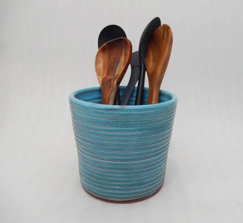 Turquoise Kitchen Crock Ceramic Utensil Holder Handmade Etsy