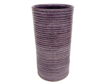 Tall Cylinder Vase, Purple, Handmade, Decorative, Deep Violet, Carved Pottery, Earthenware, Flower Vase