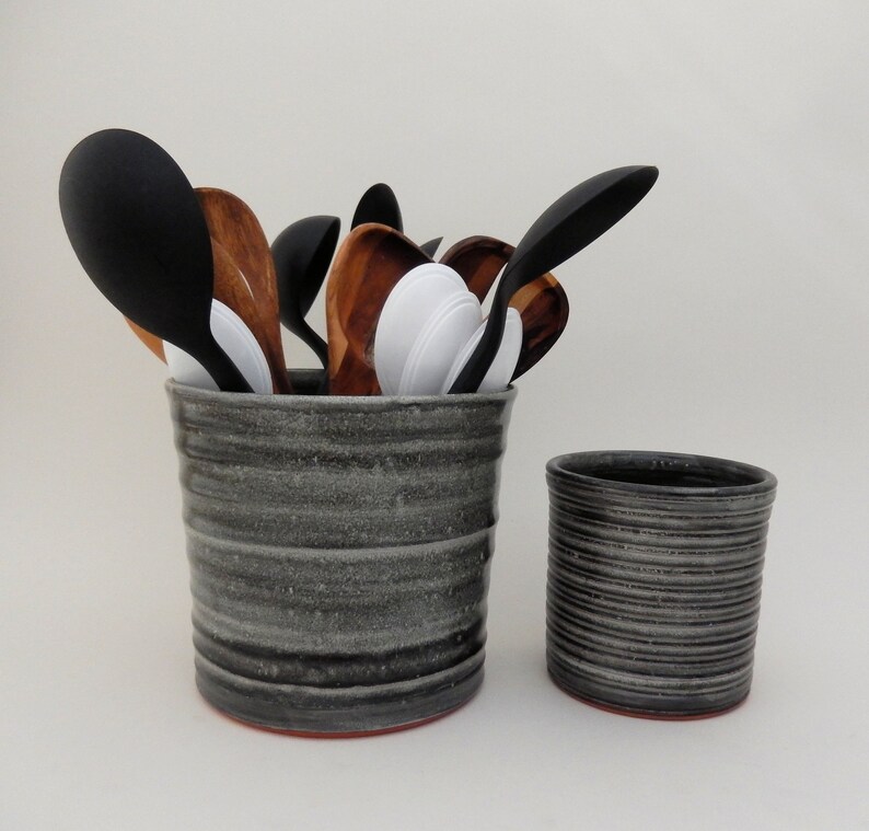 Ceramic Utensil Crock Black Handmade Utensil Holder Charcoal Etsy
