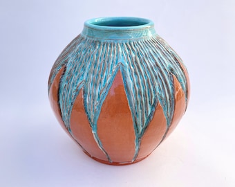 Round Ceramic Vase, Turquoise and Terra Cotta Vessel, Handmade Carved Pottery Flower Vase