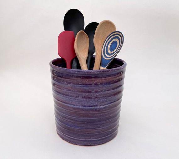 Large Kitchen Crock Purple Pottery Utensil Holder Tall Wide - Etsy