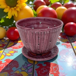 Handmade Pottery Berry Bowl with Saucer: Purple/Red Ceramic Colander or Orchid Pot