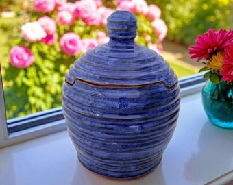 Handmade Lidded Jar, Blue Ceramic Unique Carved Jar with Lid, Decorative Pottery Jar