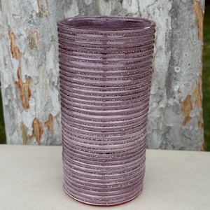 Handmade Purple Carved Pottery Vase: 10-inch-Tall Earthenware Flower Vase
