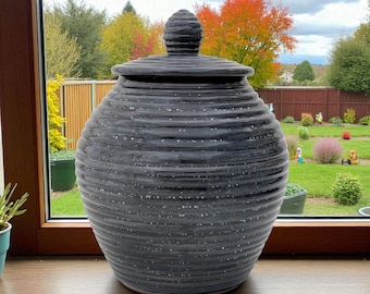 Black Jar with Lid, Charcoal Black Pottery Handmade Ceramic Round Lidded Jar, 9 Year Anniversary Gift