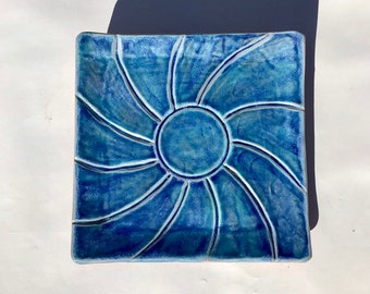 Passover Matzah Plate, Handmade Ceramic Blue Earthenware Hand Carved Square Platter