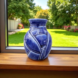 Pottery Flower Vase, Small Royal Blue Hand Carved Terracotta