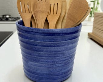 Handmade Blue Pottery Kitchen Utensil Holder: Tall Wide Crock