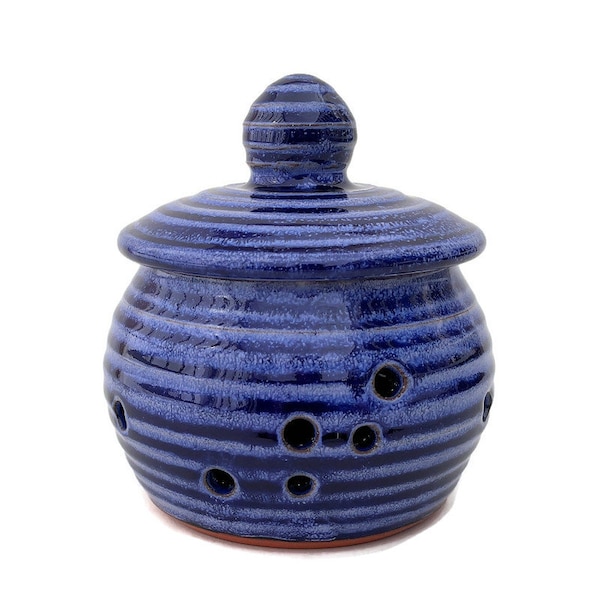 Blue Garlic Keeper, Ceramic Handmade Carved Lidded Pottery Jar