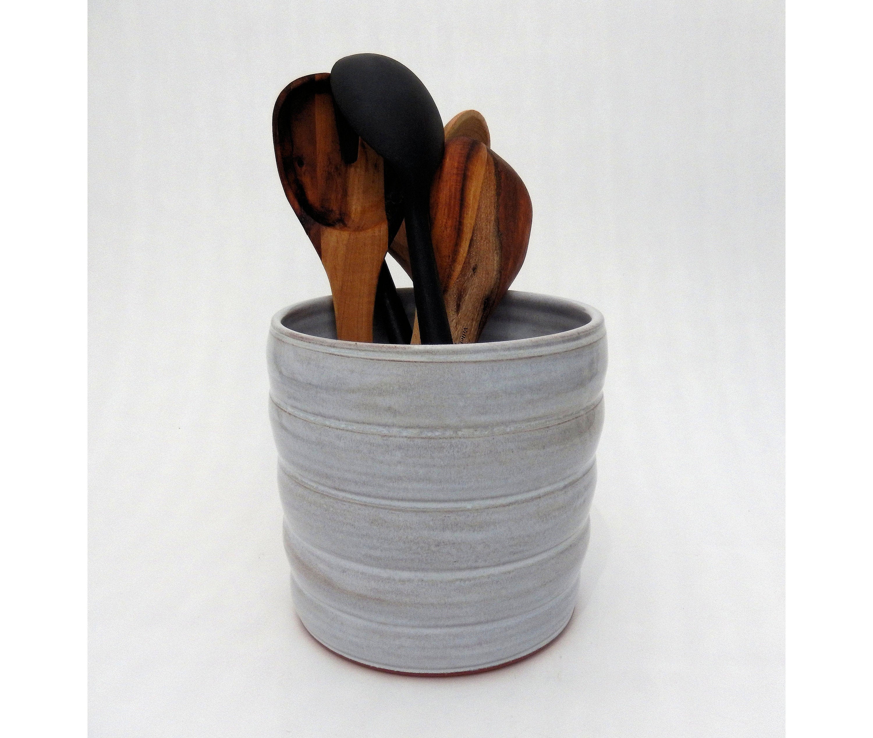 Kitchen Utensil Crock White Handmade Pottery Utensil Holder Etsy