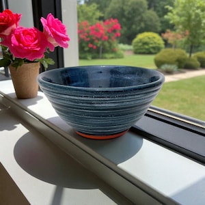 Ceramic Teal Bowl, Handmade Pottery Blue Decorative Bowl, Hand Carved Striped Design