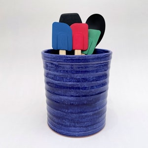 Blue Utensil Holder, Tall Pottery Utensil Crock, Big Cobalt Blue Handmade Ceramic Kitchen Caddy