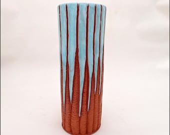 Tall Cylinder Vase, Turquoise and Terracotta Glazed Carved Vase, Inspired by Nature