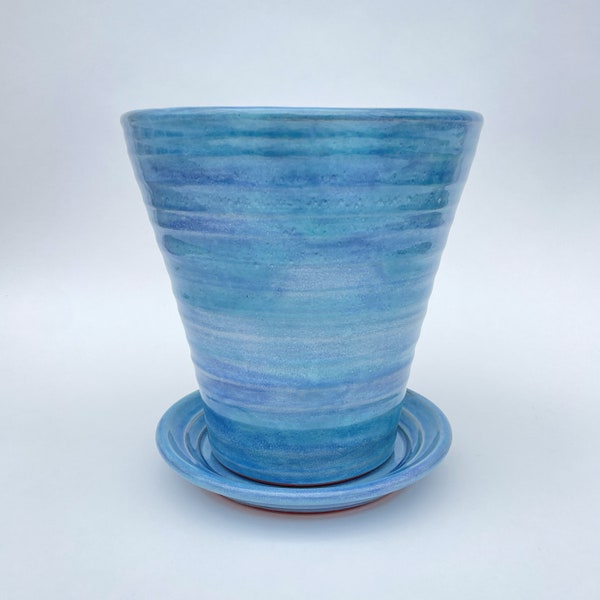 Large Ceramic Planter, Turquoise Blue Handmade Indoor/ Outdoor Flowerpot with Separate Saucer