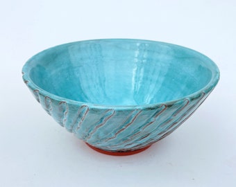 Handmade Ceramic Bowl, Turquoise Decorative Sea-foam Green Hand Carved Bowl,  Handmade Ceramic Bowl With Abstract  Carving