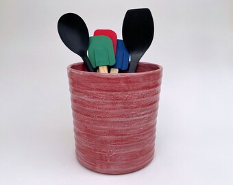 Large Red Utensil Crock, Handmade Ceramic, Wide, Tall Utensil Holder, Pottery Kitchen Caddy Gift