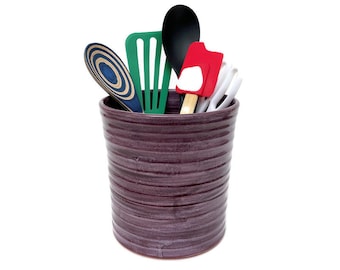 Large Purple Utensil Holder, Wide Pottery Crock, Tall Ceramic Utensil Crock, Plum Purple Handmade Kitchen Caddy