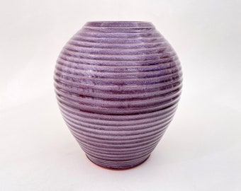 Purple Flower Vase, Round Hand Carved Ceramic Handmade Decorative Vase, Striped Carving Inspired by Nature