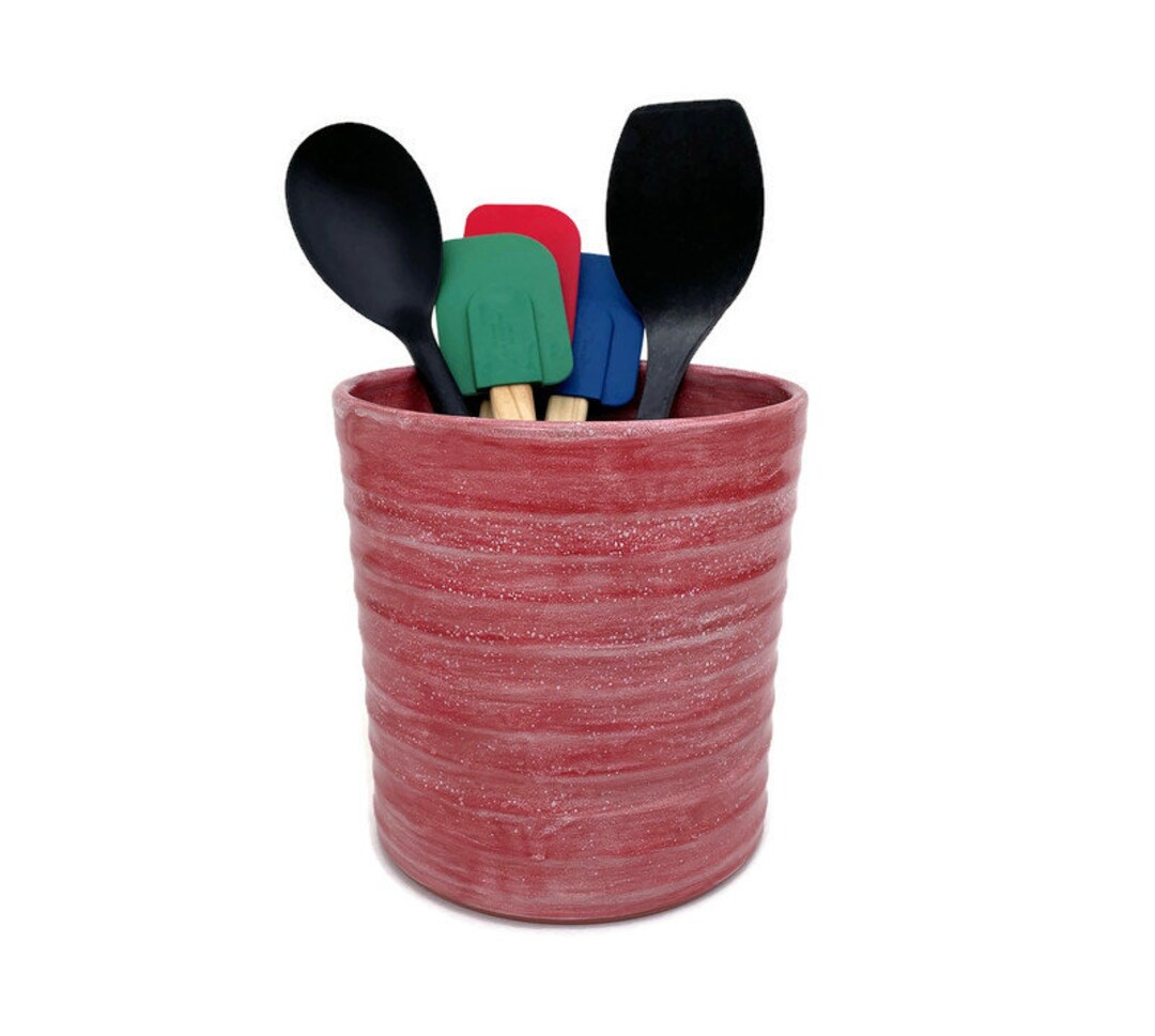 Utensil Holder, Large Pottery Red Utensil Crock, Handmade Ceramic, Wide ...