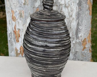 Handmade Charcoal Gray Lidded Ceramic Jar: 12-inch-Tall Spiral Carved Pottery Gift