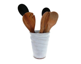 Kitchen Utensil Crock, White Pottery Small Utensil Holder, Terracotta Handmade Earthenware Vase